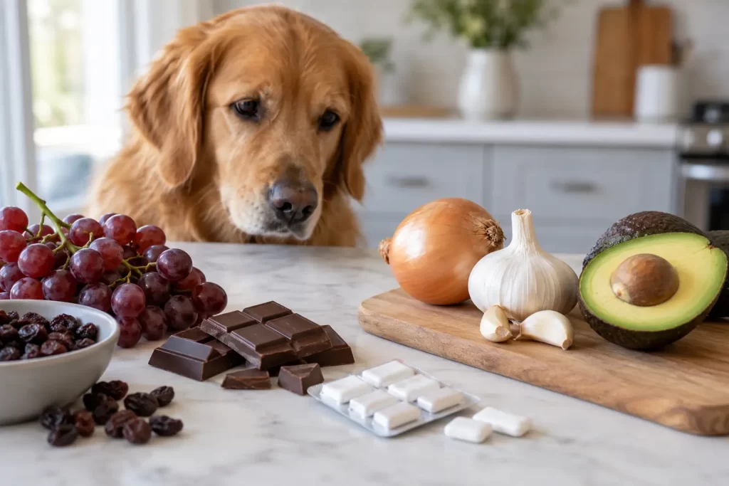 Golden retriever looking at chocolate, grapes, raisins, onions and garlic on a kitchen counter