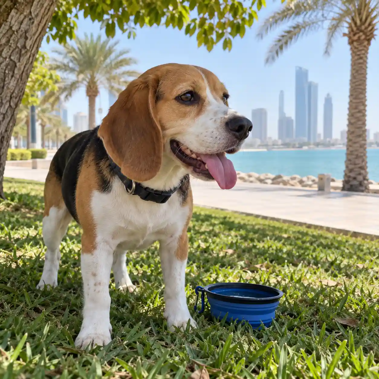 Beagle panting in the shade beside a water bowl at an Abu Dhabi waterfront park.