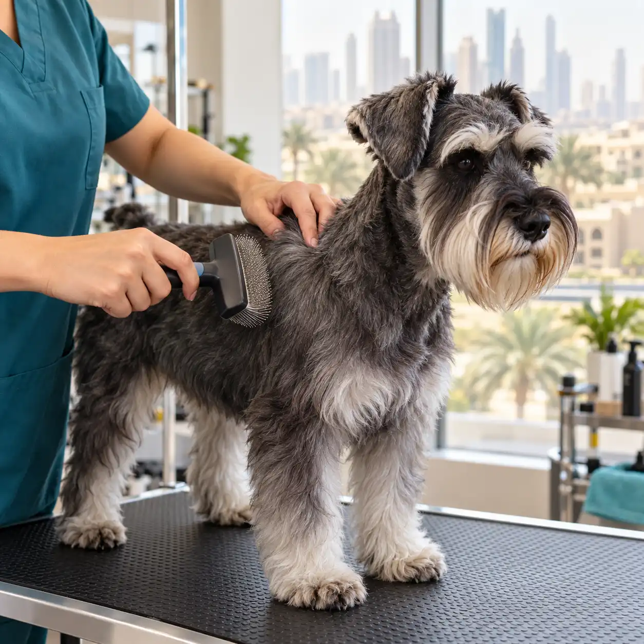 Groomer brushing a Miniature Schnauzer’s coat at Crazy pets