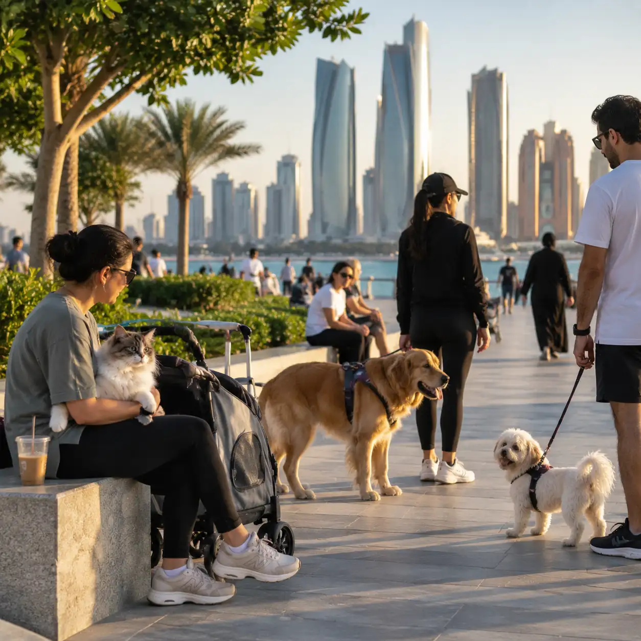 Pet owners walking dogs and spending time with cats in Abu Dhabi showing modern pet ownership lifestyle trends