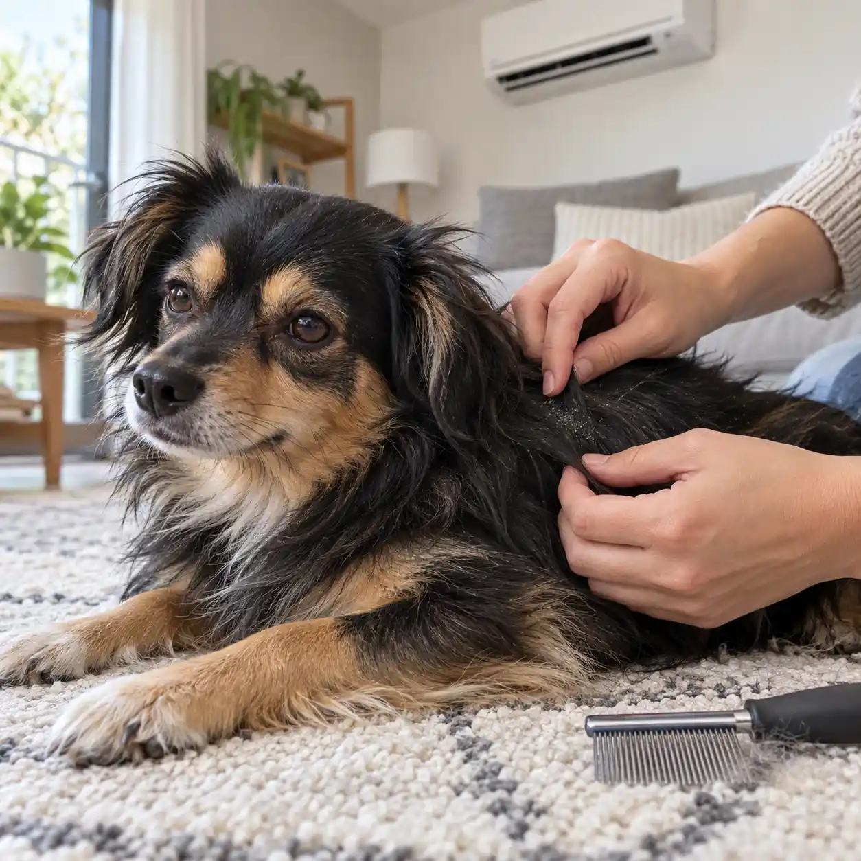 Dog’s coat being checked for dry skin in an air-conditioned home.