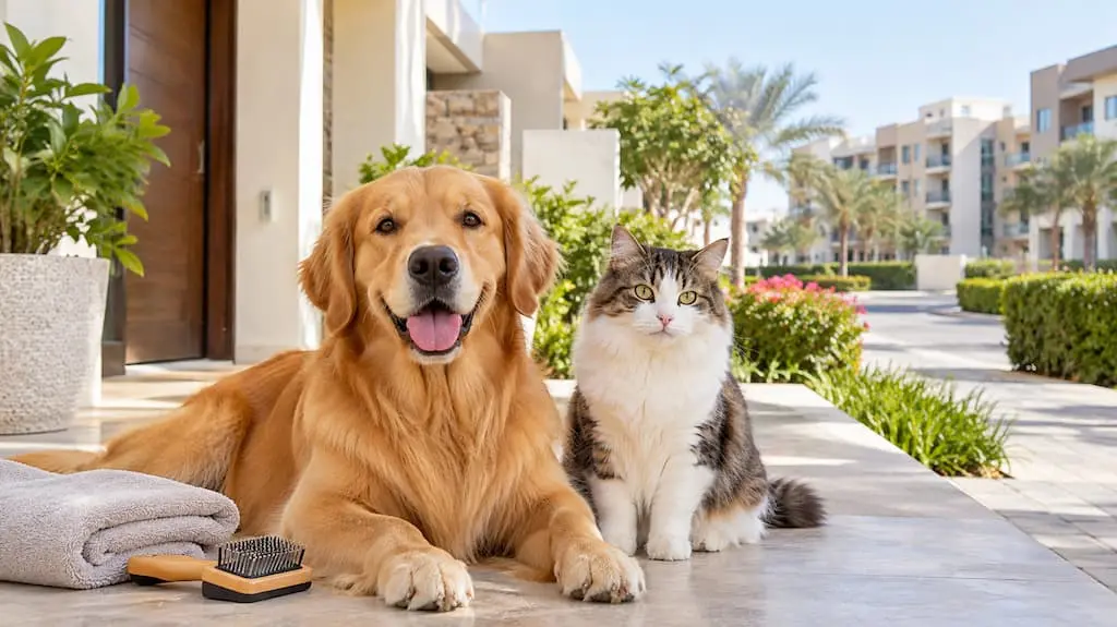 Dog and cat in Al Reef residential setting for pet grooming and coat care