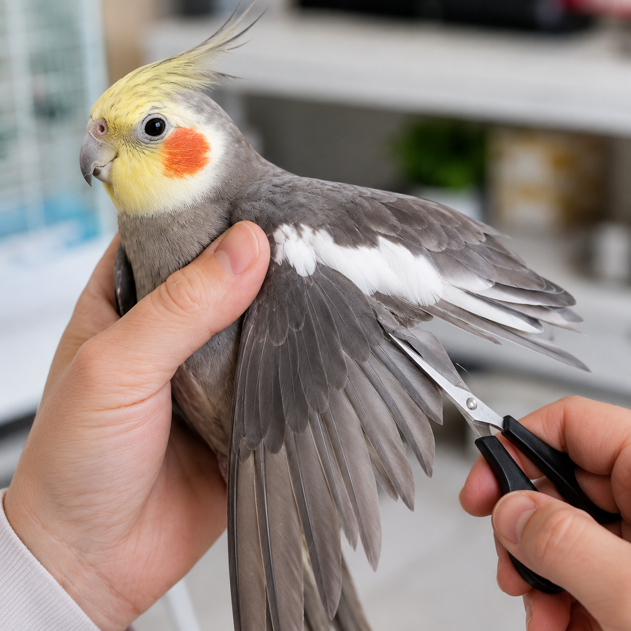 bird wing clipping on a pet parrot