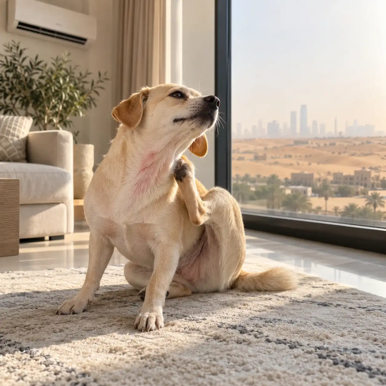 Indoor dog scratching its neck beside a window overlooking a desert city.