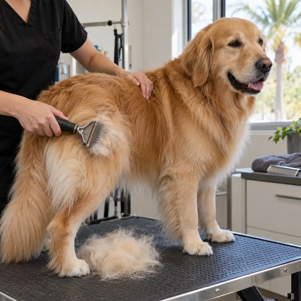 Groomer in black removing loose undercoat from a golden retriever, with collected fur on the grooming table.