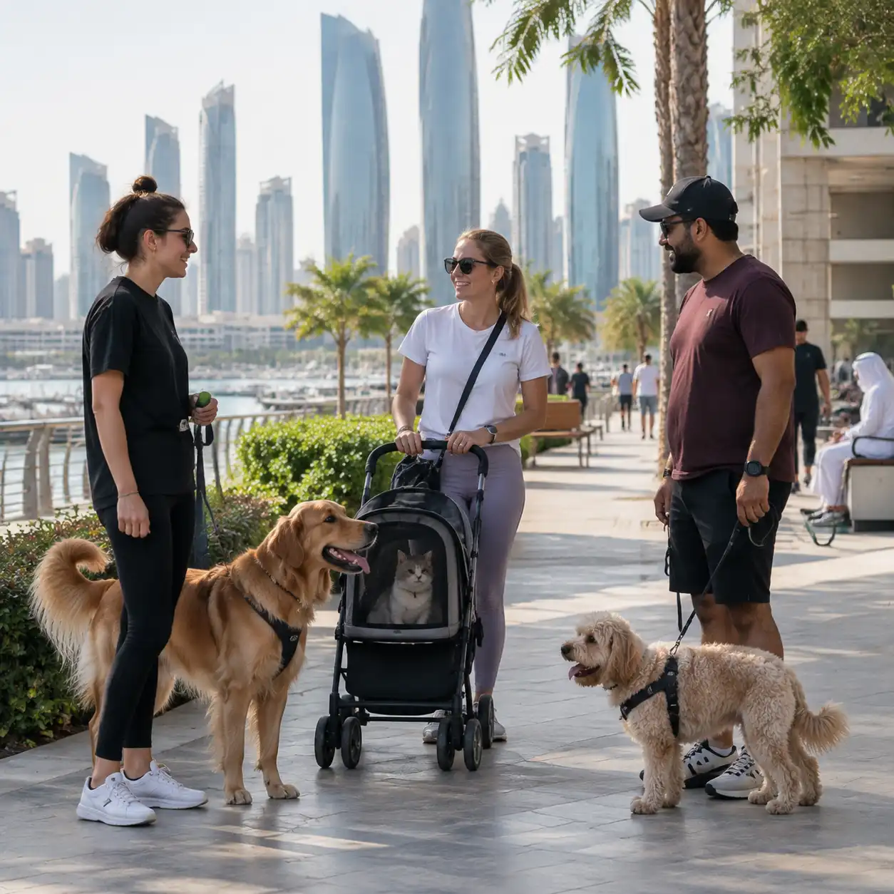 Expat pet owners walking dogs and caring for cats in Abu Dhabi showing changing pet care trends