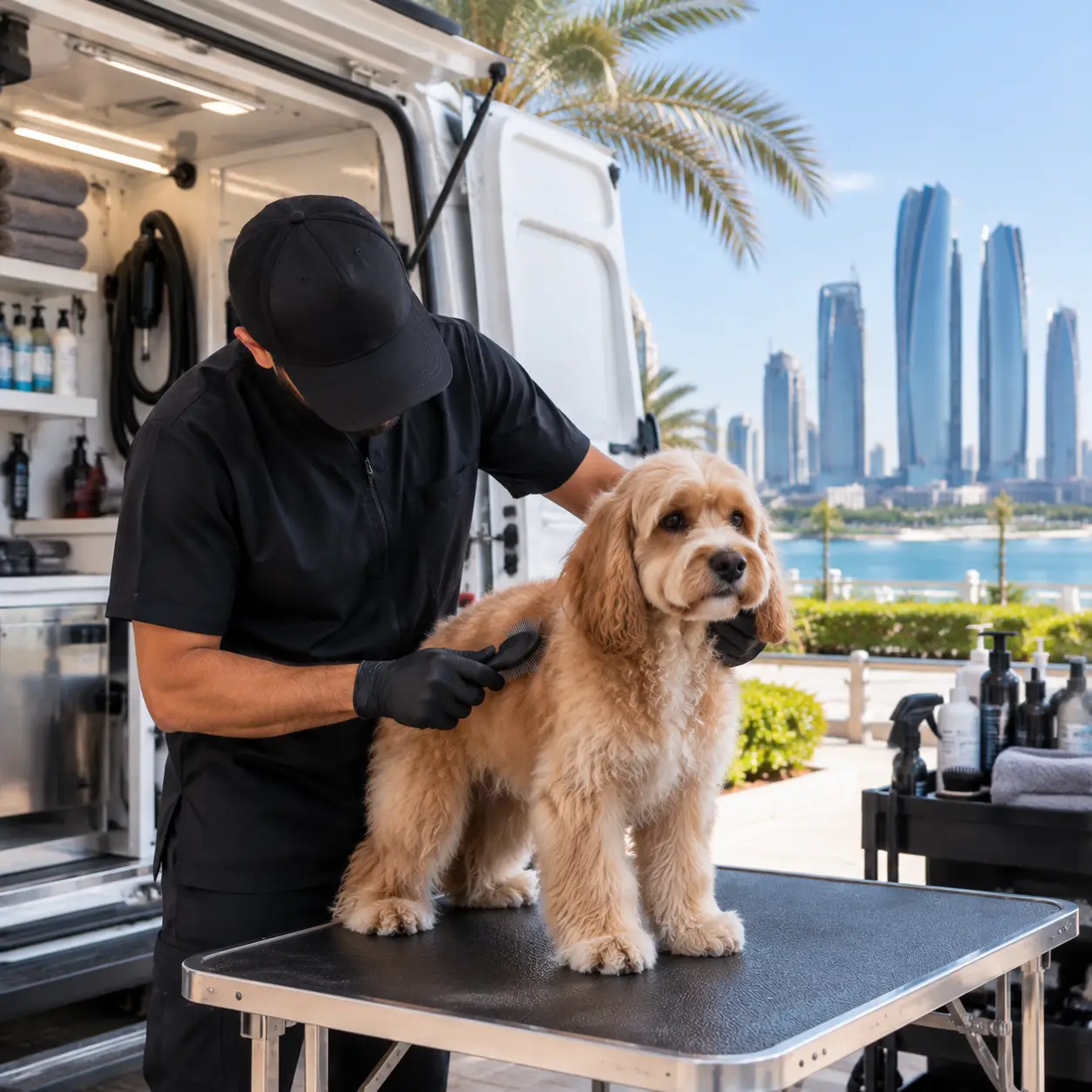 Mobile pet groomer providing professional dog grooming service in Abu Dhabi