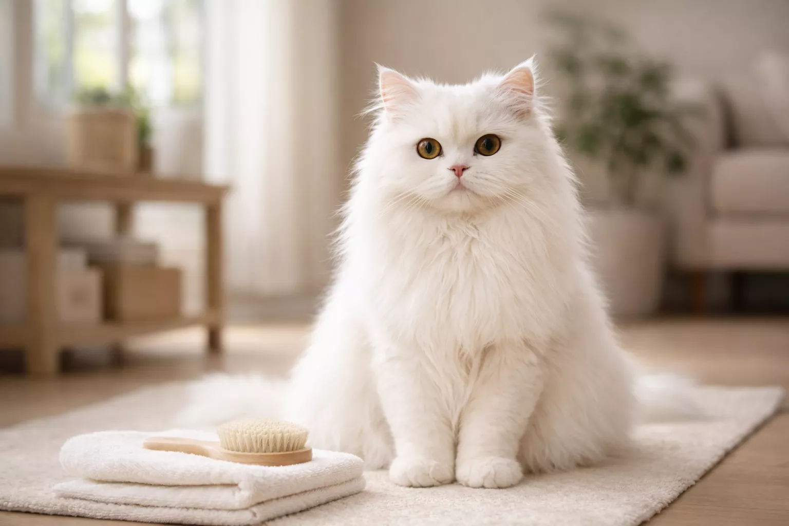 Well-groomed Persian cat sitting indoors, showing a healthy long coat and calm temperament