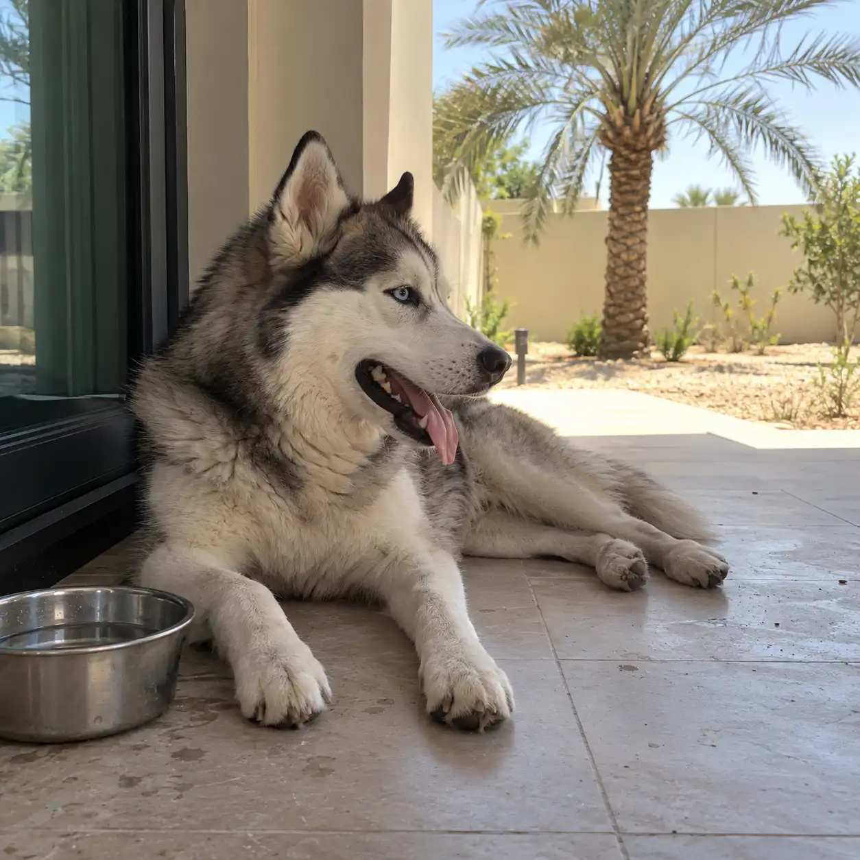 Thick-coated husky panting in the shade beside a water bowl on an Abu Dhabi patio.