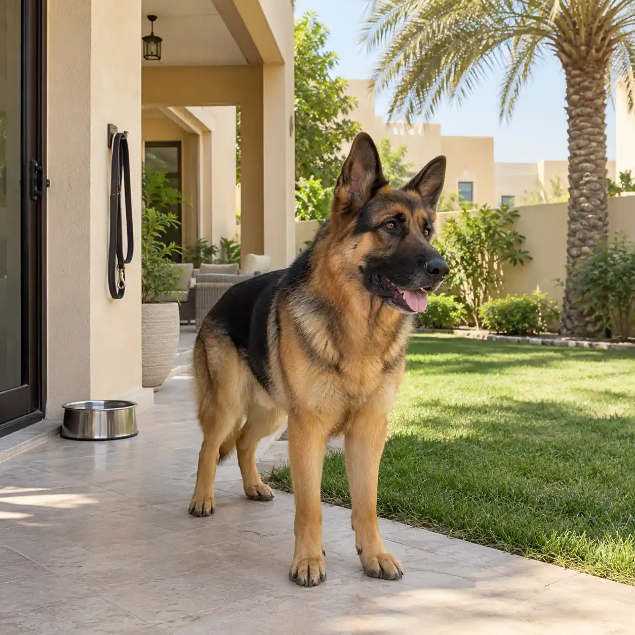 German shepherd standing on a shaded villa patio beside a garden and water bowl in Khalifa City.