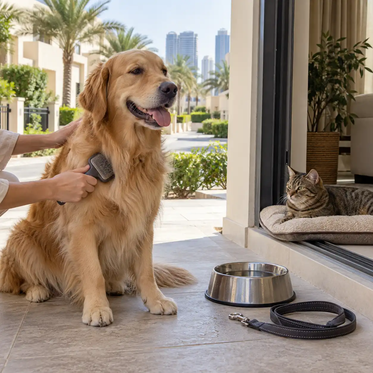 Golden retriever being brushed beside a resting tabby cat at a villa in an Abu Dhabi residential community.