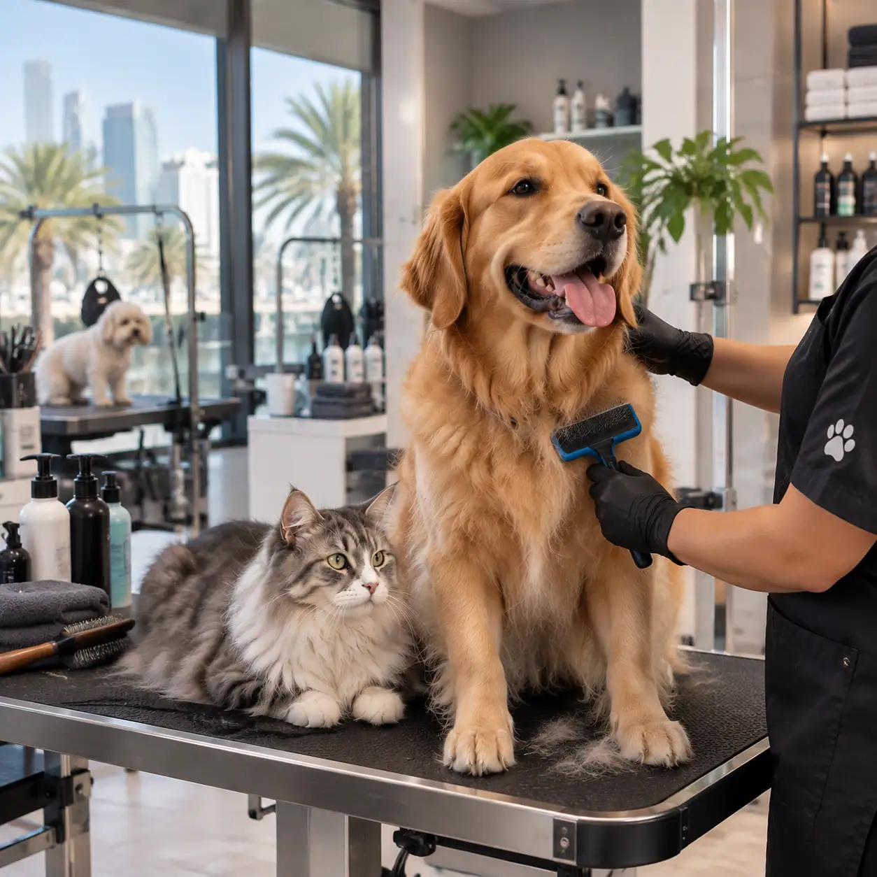 Premium pet care market in Abu Dhabi showing dogs, cats, grooming products and modern pet services