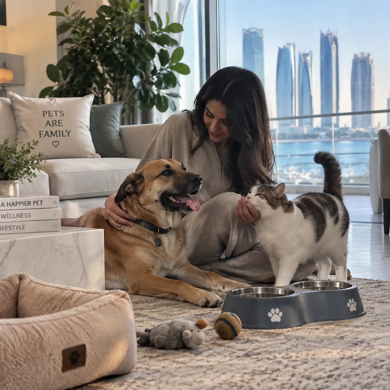 Pet owner in Abu Dhabi caring for a dog and cat showing the growing trend of pet humanisation and wellness care