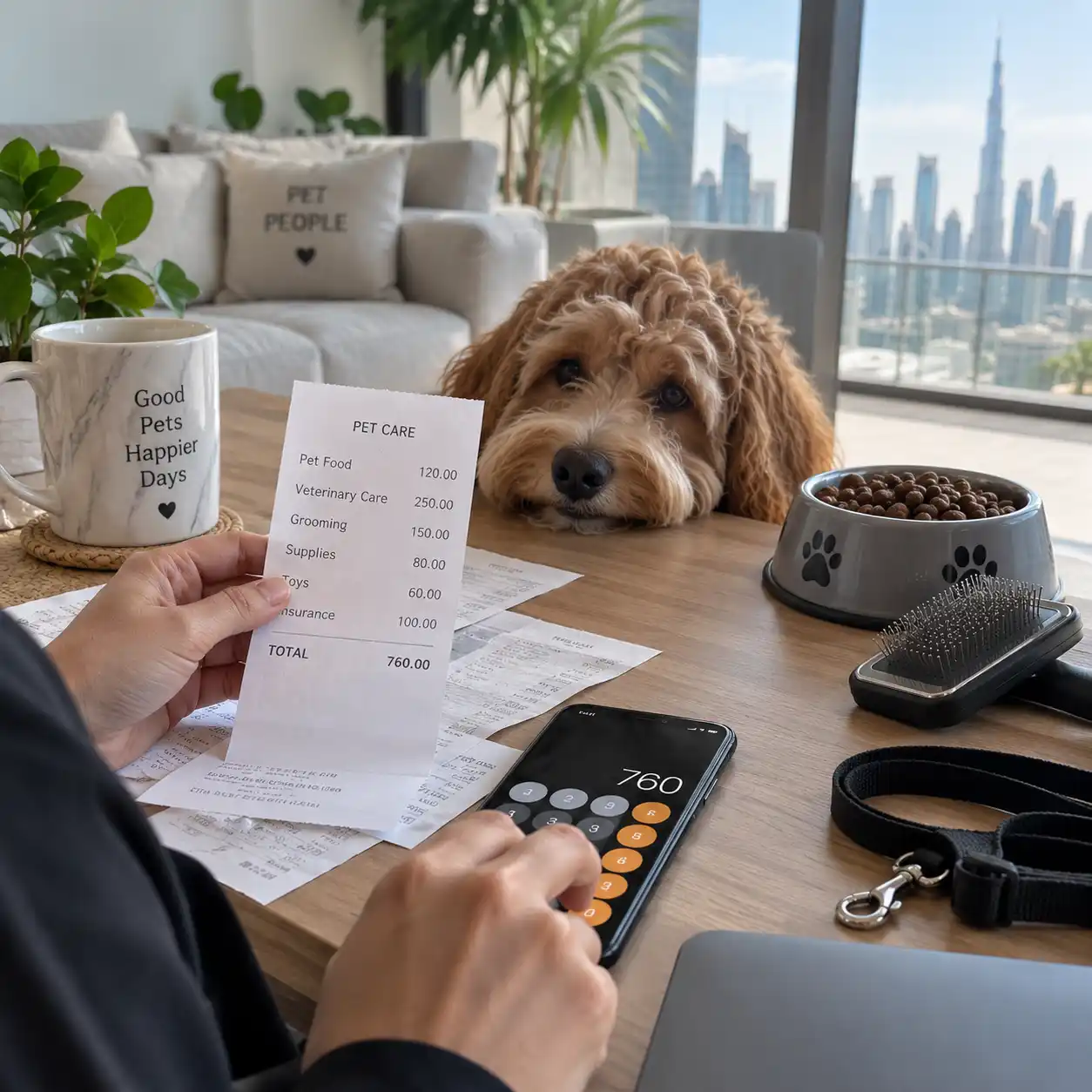 Pet owner reviewing monthly grooming and pet care expenses in the UAE