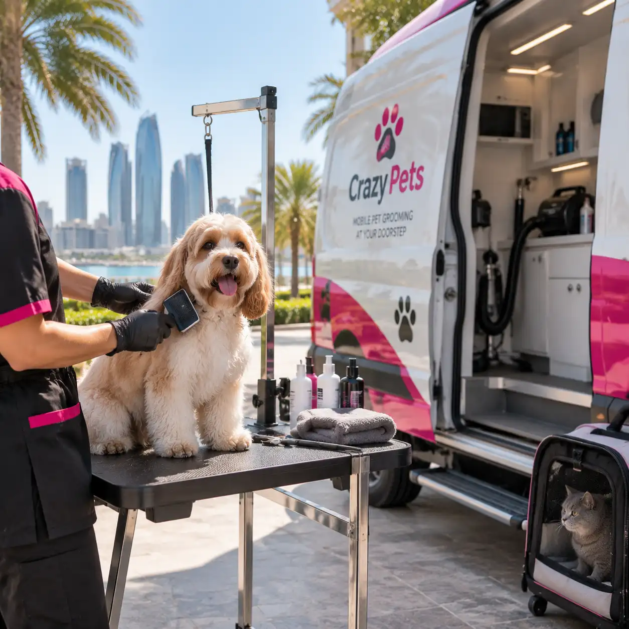 Mobile pet grooming service in Abu Dhabi with a dog receiving professional care beside a grooming van