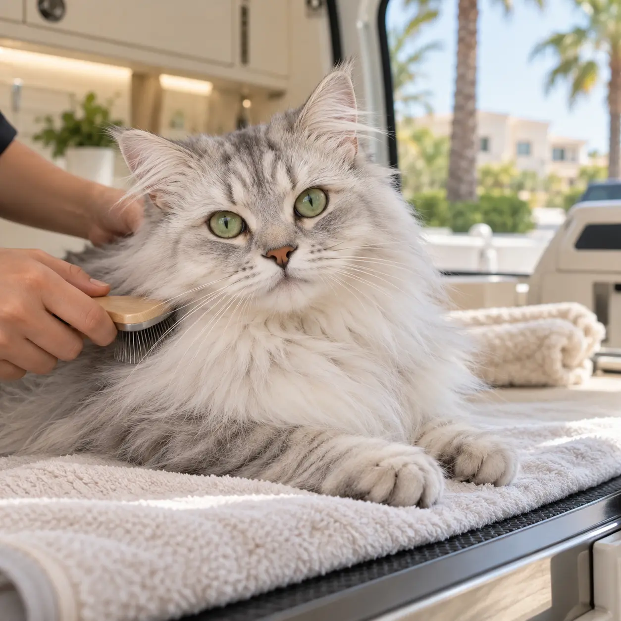 Long-haired silver cat being brushed inside a mobile grooming van.