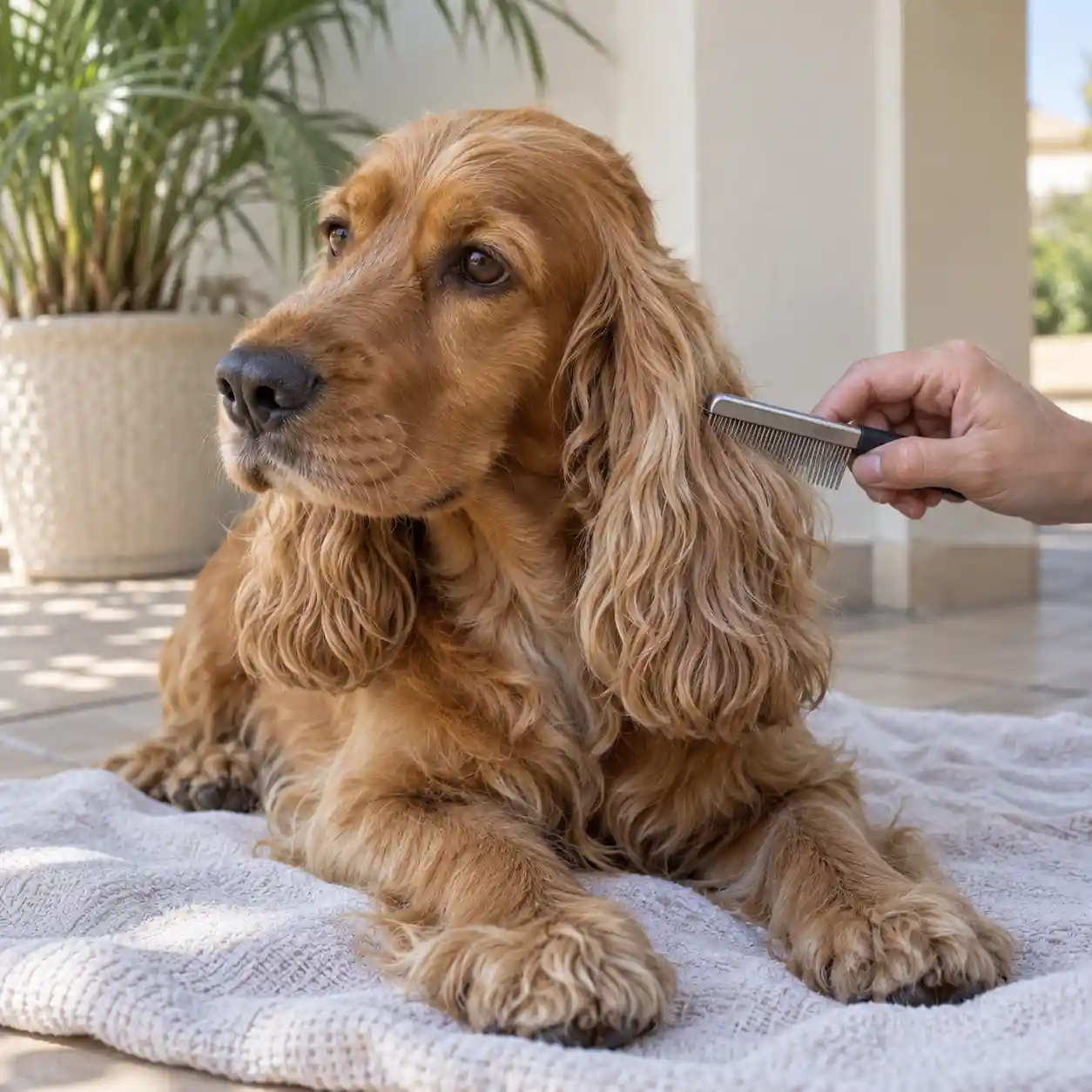 Golden cocker spaniel having its ear fur gently combed on a shaded terrace