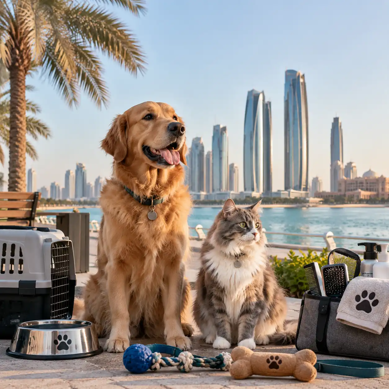 Golden retriever and cat representing the growing state of pet ownership and grooming demand in Abu Dhabi 2026