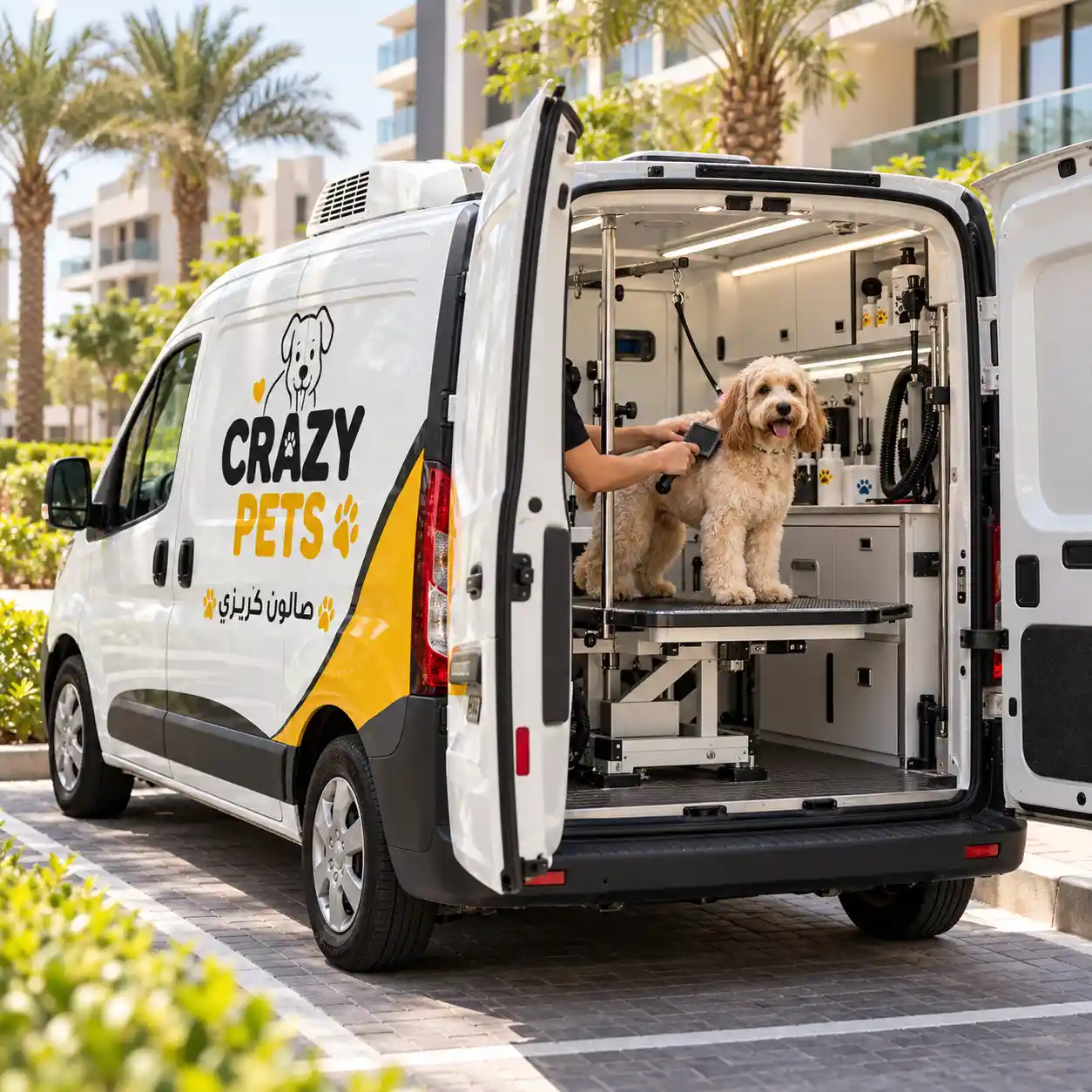 Cream cockapoo being brushed inside a Crazy Pets mobile grooming van parked beside modern apartments.